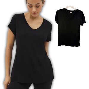 Soma Womens Black V-Neck Short Sleeve T-Shirt XS Side Slit  Clean Girl Oversized
